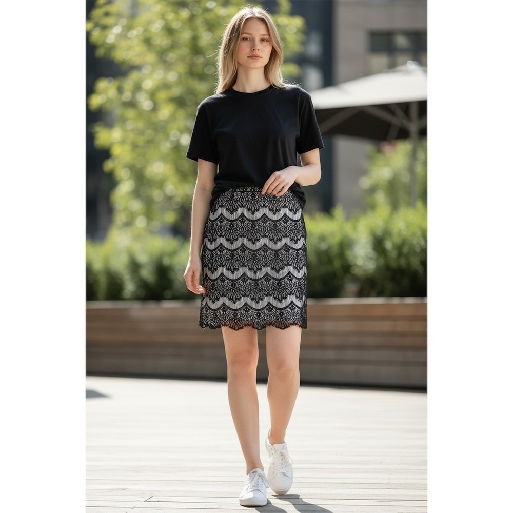 Melissa Paige Skirt Womens Size S Black Lace Overlay Pencil Knee office siren